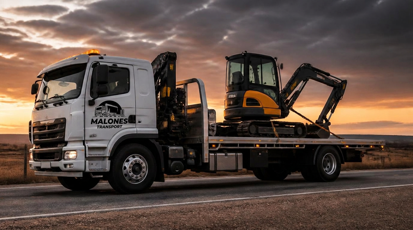 Malones Transport crane truck hauling an excavator on a low loader